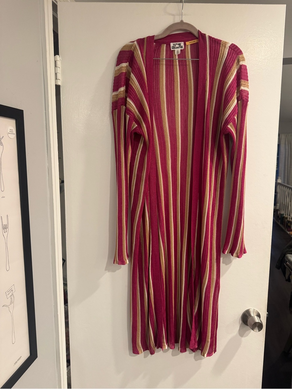 Future Collective Long Open Front Striped Cardigan Fuchsia Cream Gold XL